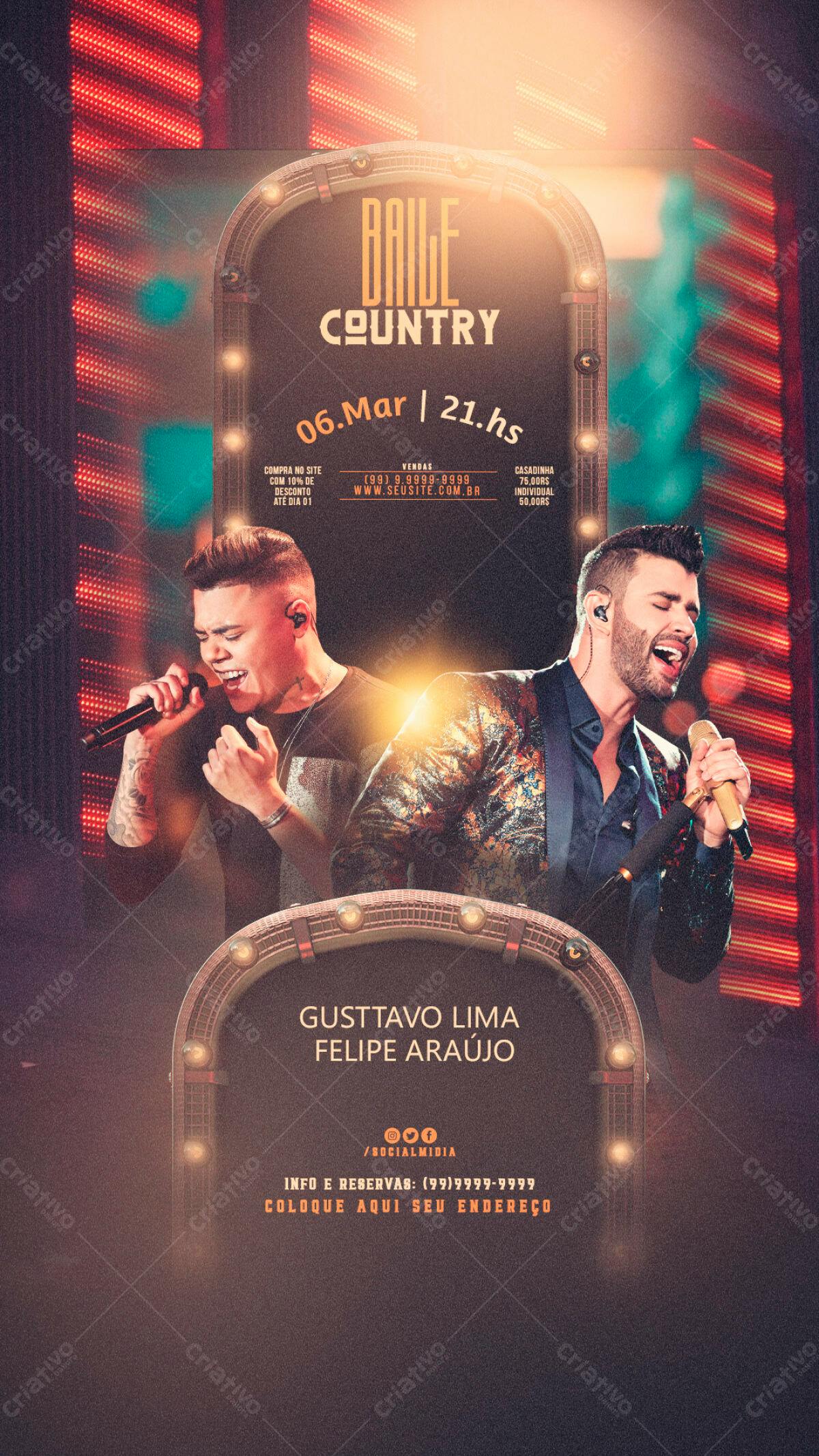 Flyer Baile Country Gusttavo Lima e Felipe Araújo PSD Editável