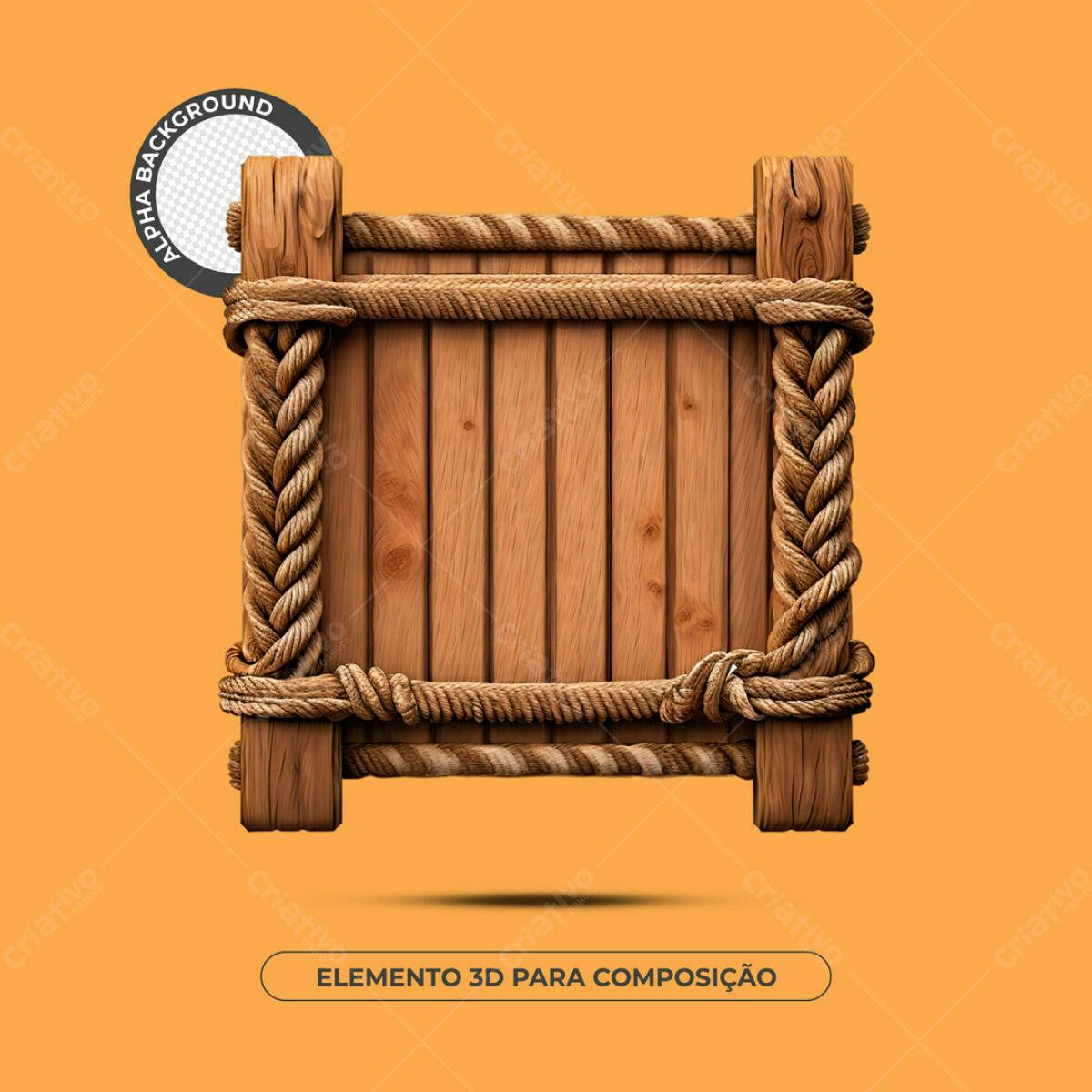 Elemento 3D de Madeira com Corda PSD Editável