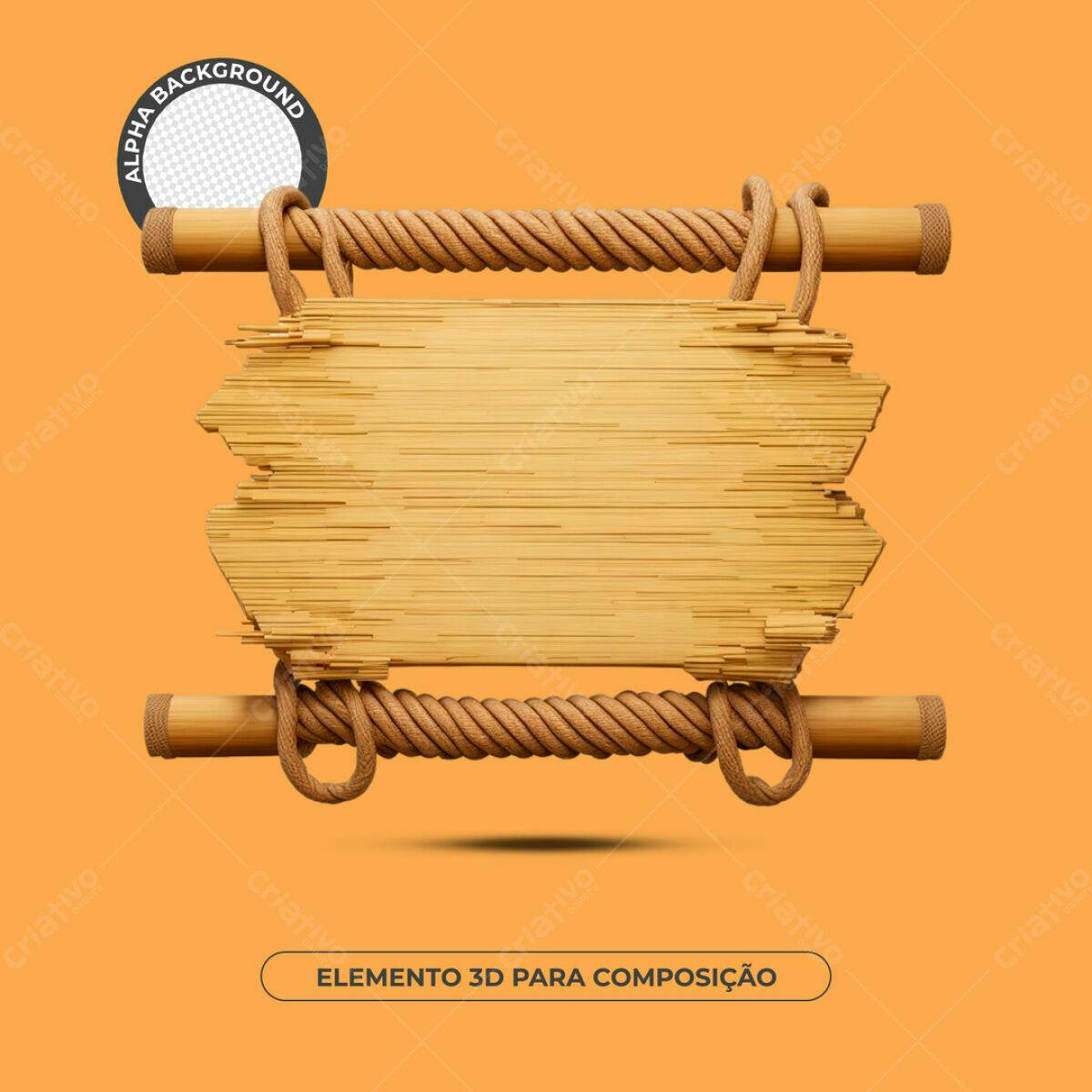 Elemento 3D de Madeira e Corda PSD Editável