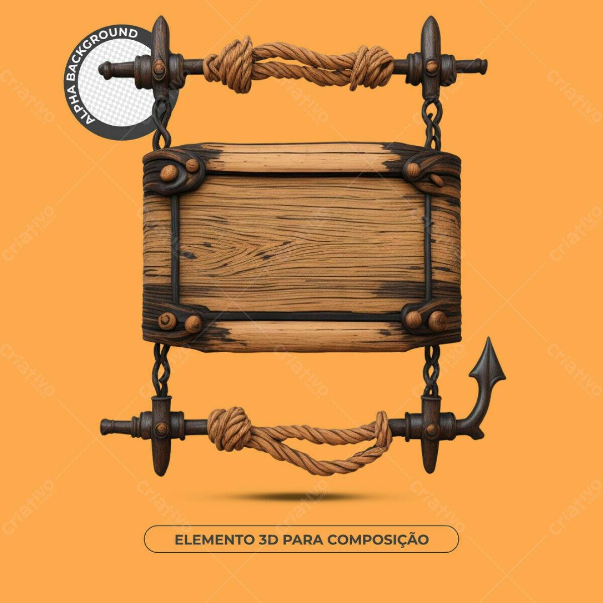 Elemento 3D Placa de Madeira PSD Editável
