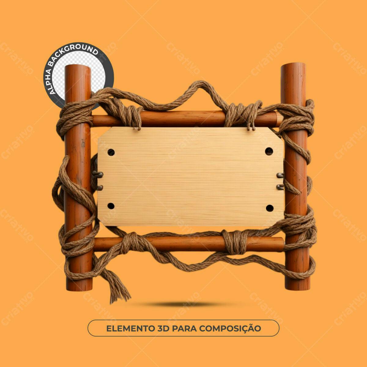 Elemento 3D de Madeira com Corda PSD Editável
