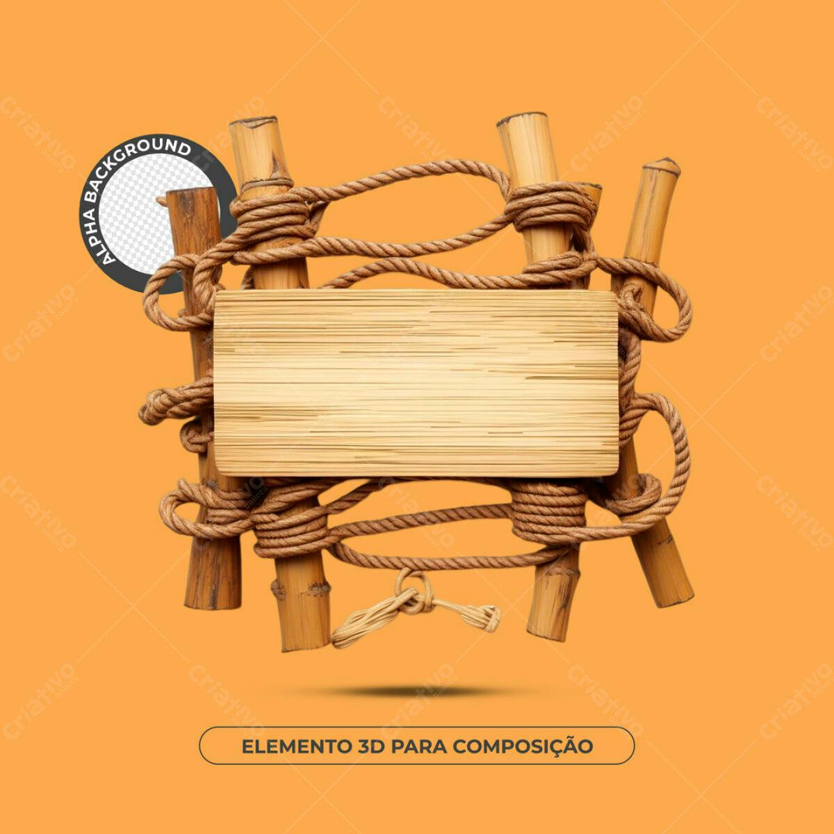 Elemento 3D de Madeira e Corda PSD Editável