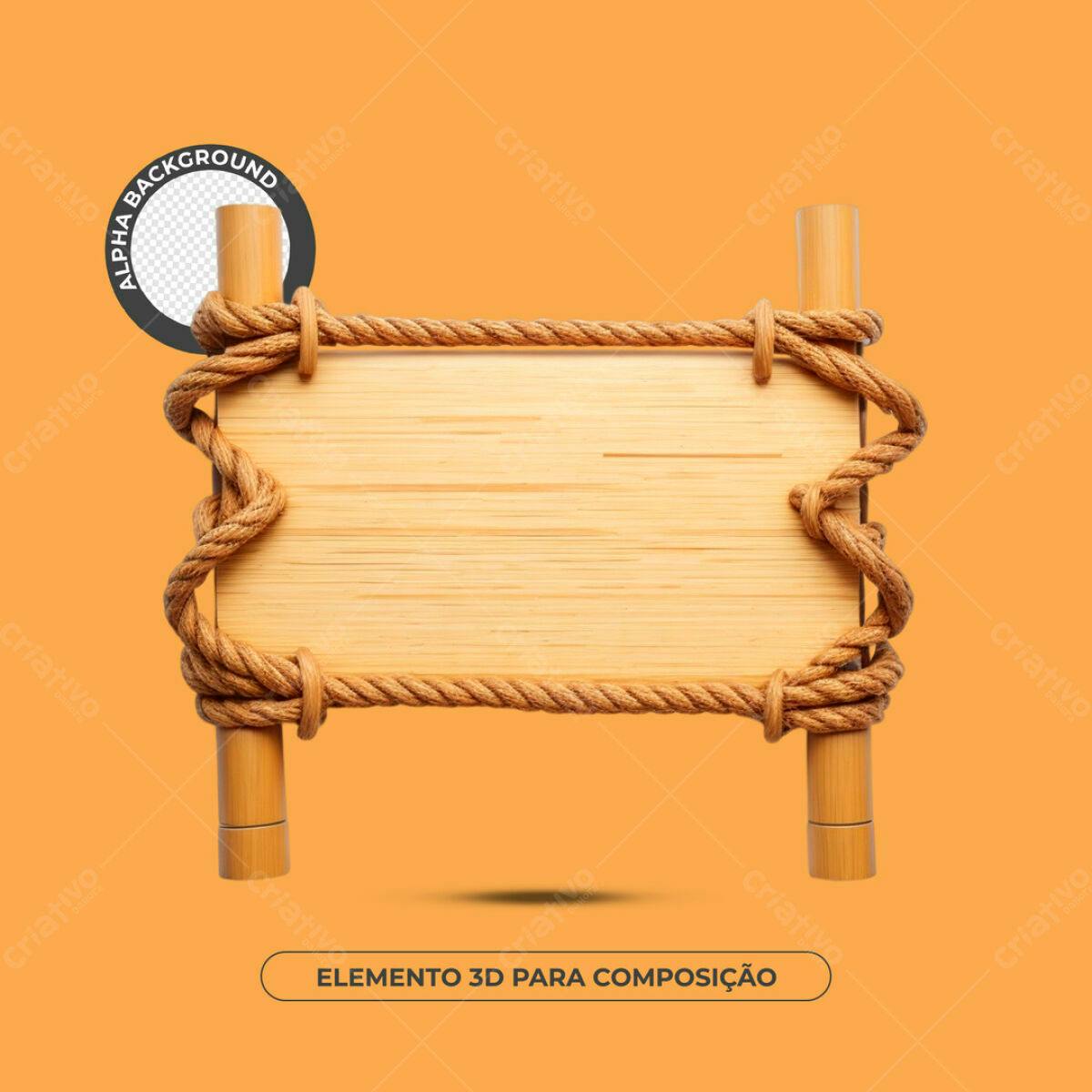 Elemento 3D de Madeira com Corda PSD Editável