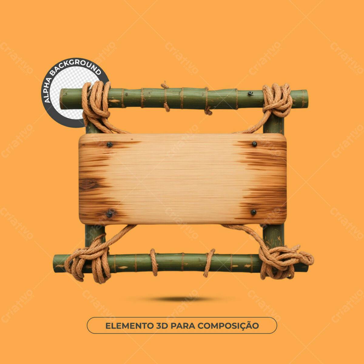 Elemento 3D em Madeira e Corda PSD Editável