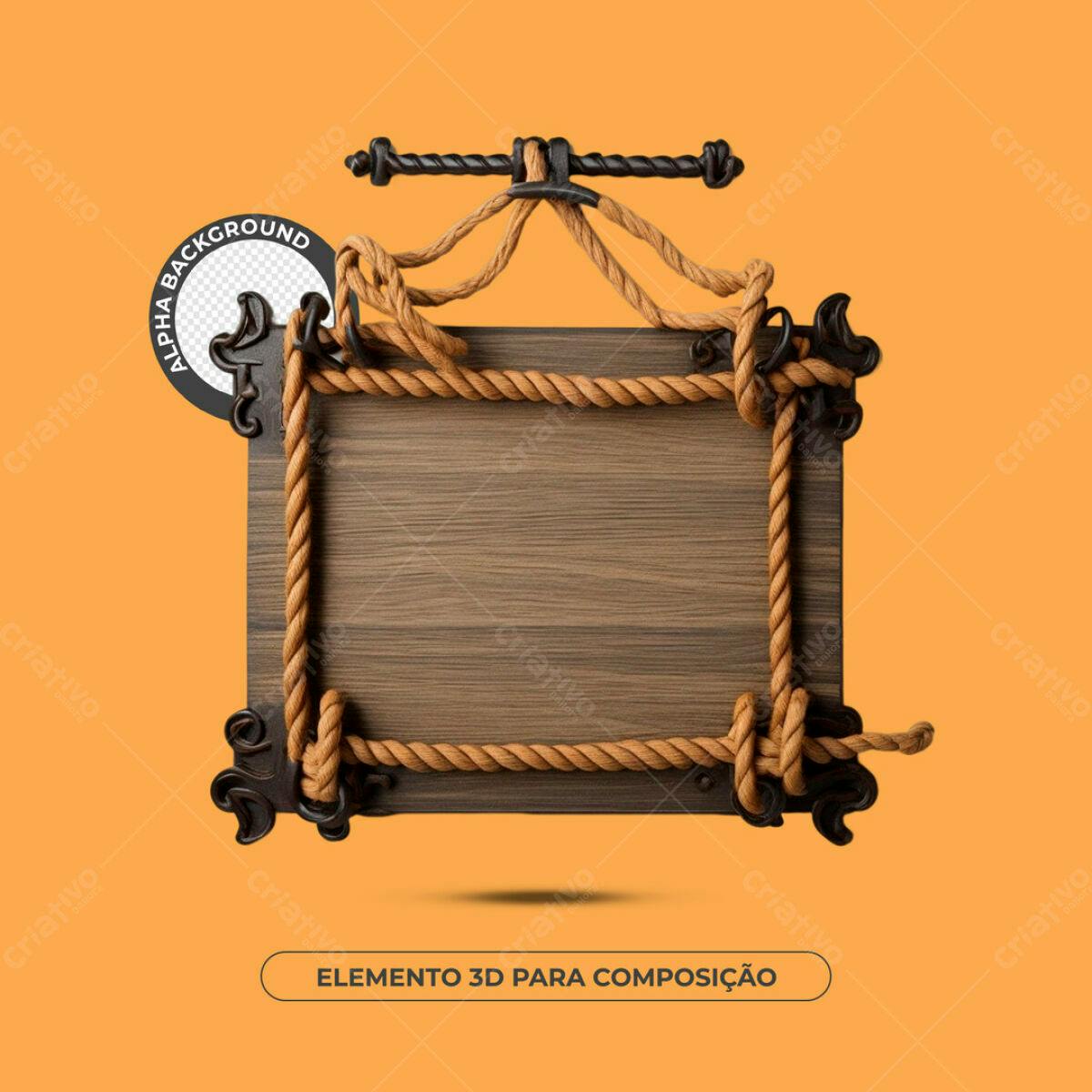 Elemento 3D em Madeira com Corda PSD Editável