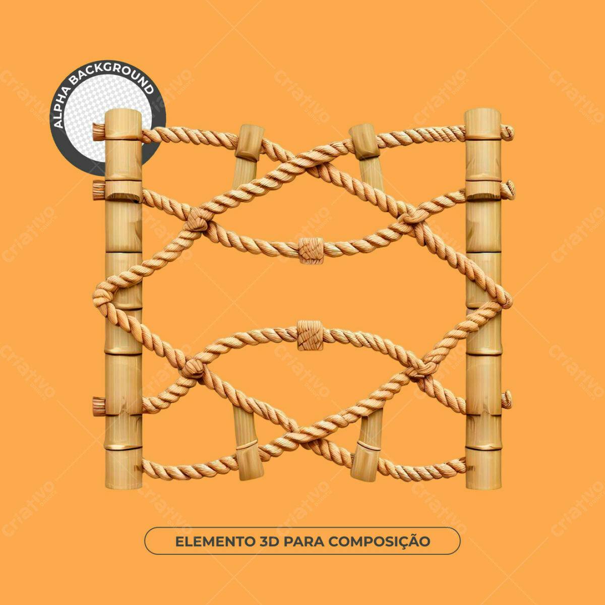 Elemento 3D de Cerca de Bambu e Corda PSD Editável