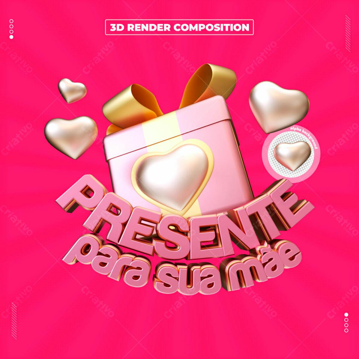 Selo 3D presente rosa e dourado