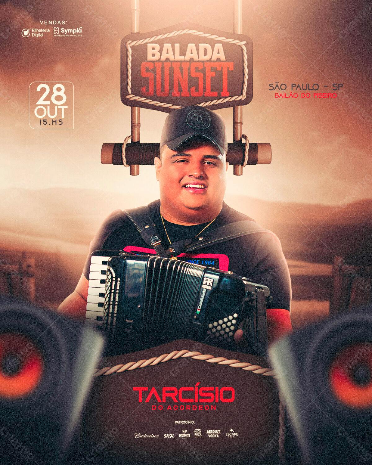 Flyer para Balada Sunset com Tarcísio do Acordeon PSD Editável