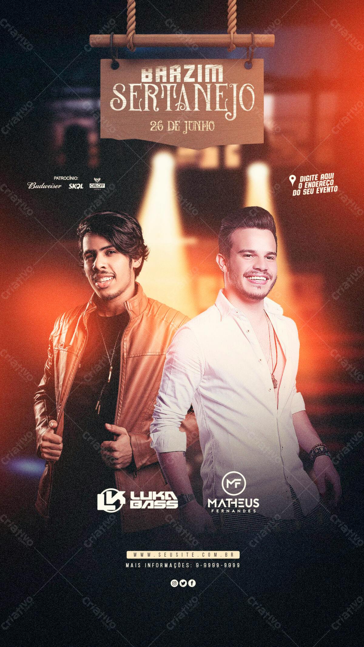Flyer para Evento Sertanejo com Luka Bass e Matheus Fernandes PSD Editável
