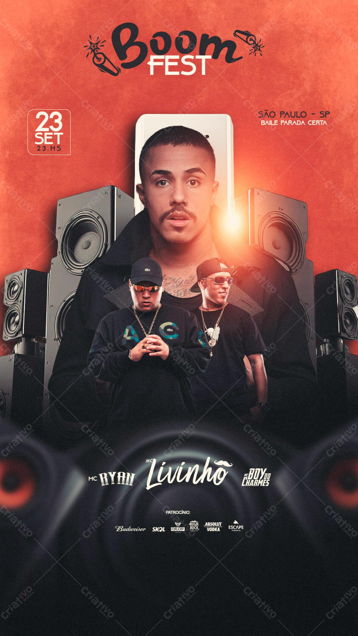 Flyer Boom Fest com MC Livinho e MC Ryan PSD Editável