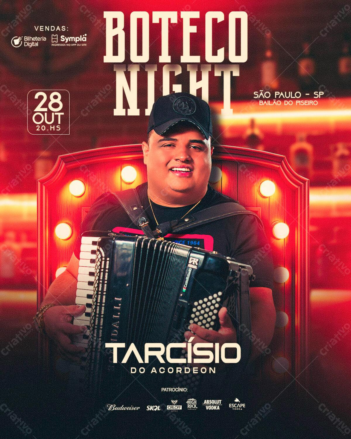 Flyer Boteco Night com TARCÍSIO do Acordeon PSD Editável