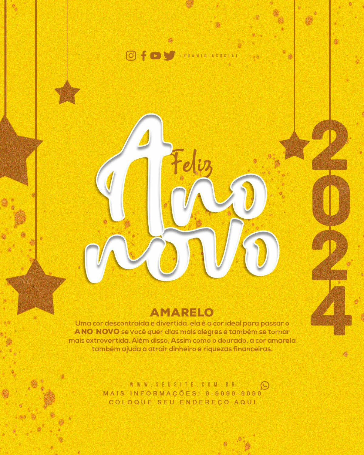 Flyer Feliz Ano Novo 2024 Amarelo PSD Editável