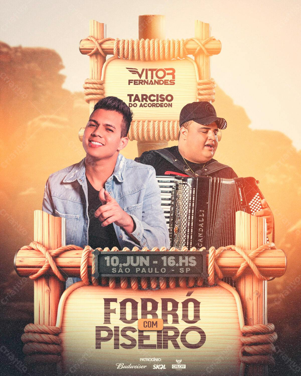 Flyer Forró e Piseiro com Vitor Fernandes e Tarcísio do Acordeon PSD Editável
