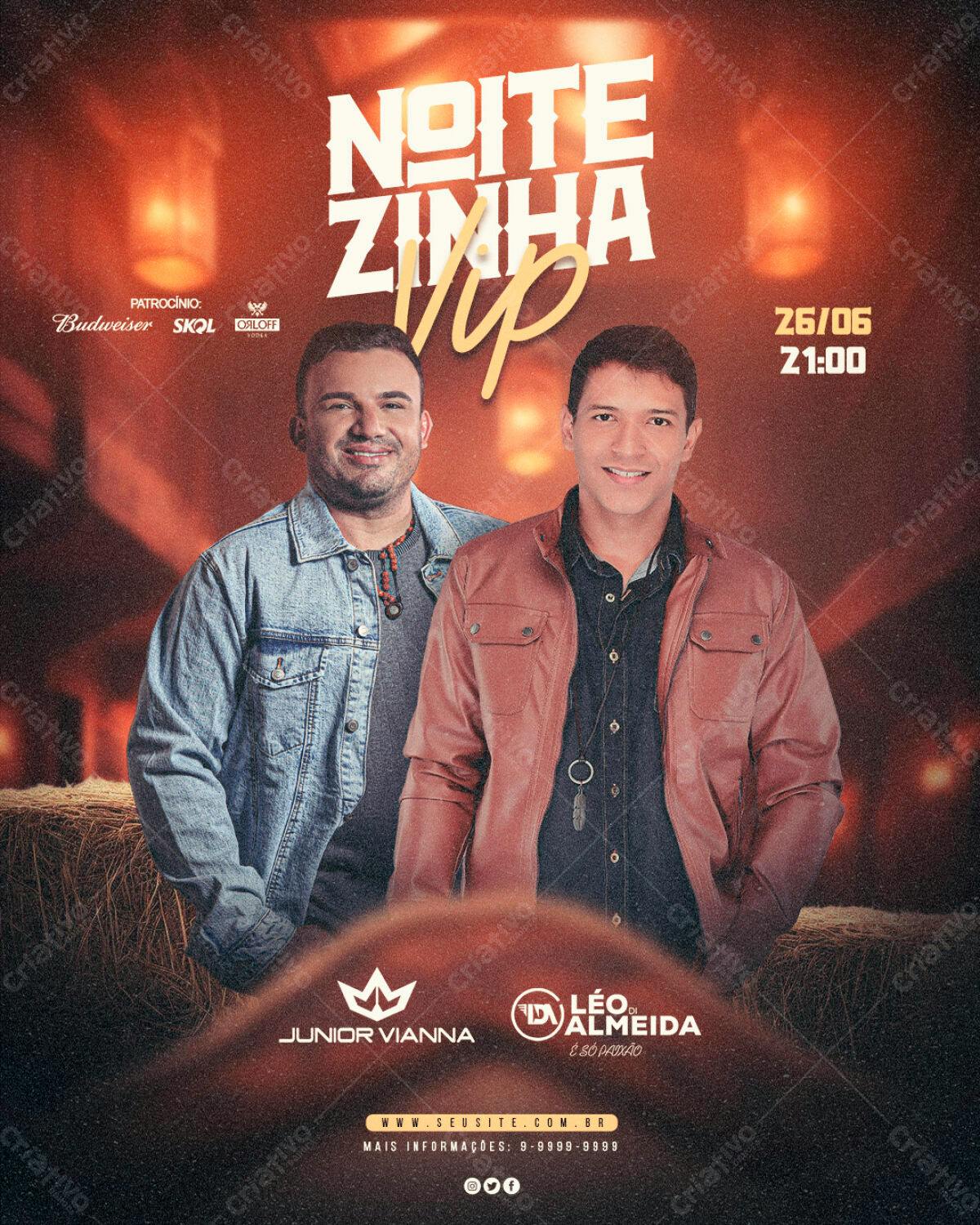 Flyer Noite Zinha VIP com Junior Vianna e Léo Almeida PSD Editável