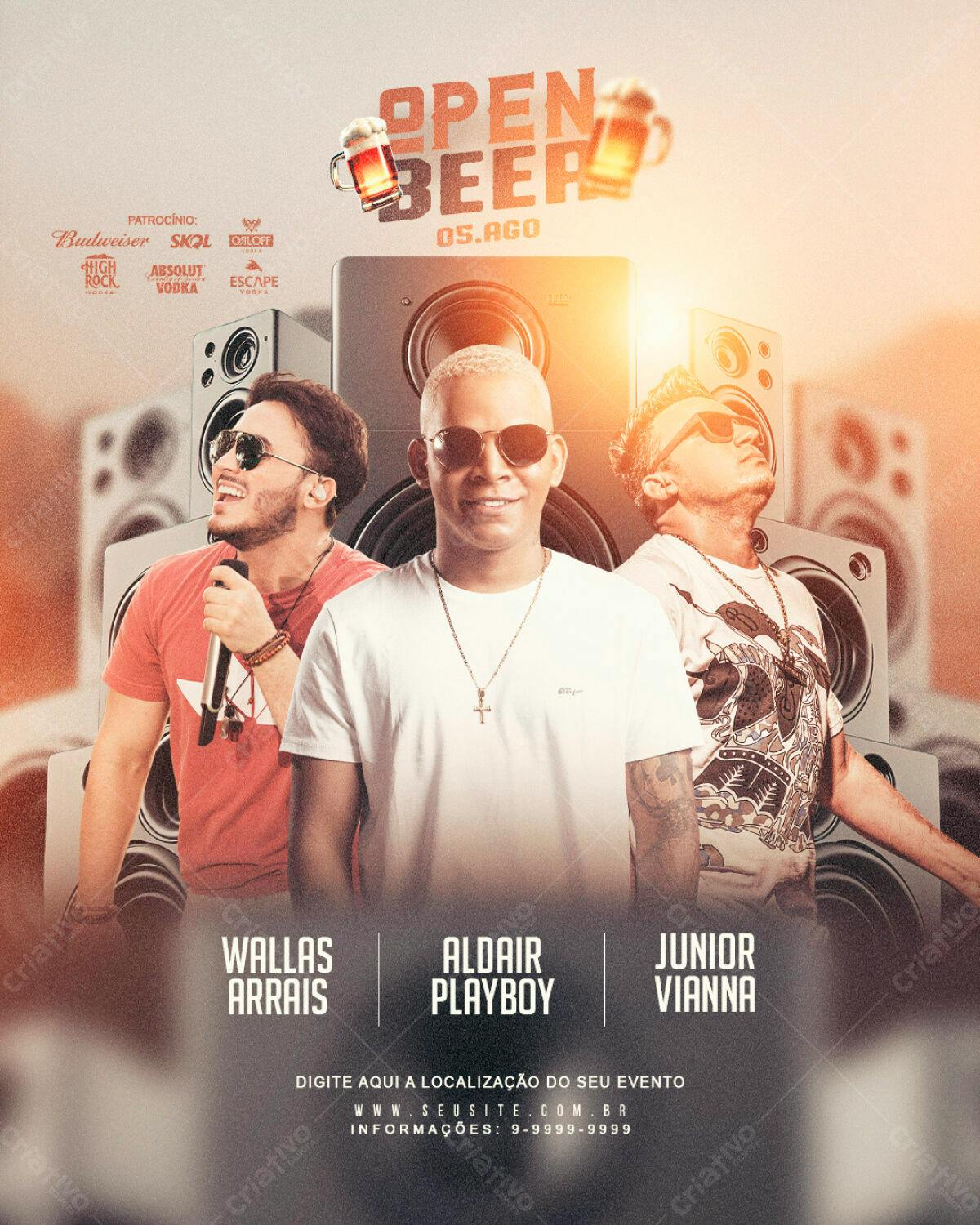 Flyer Open Beer com Wallais Arrais, Aldair Playboy e Junior Vianna PSD Editável
