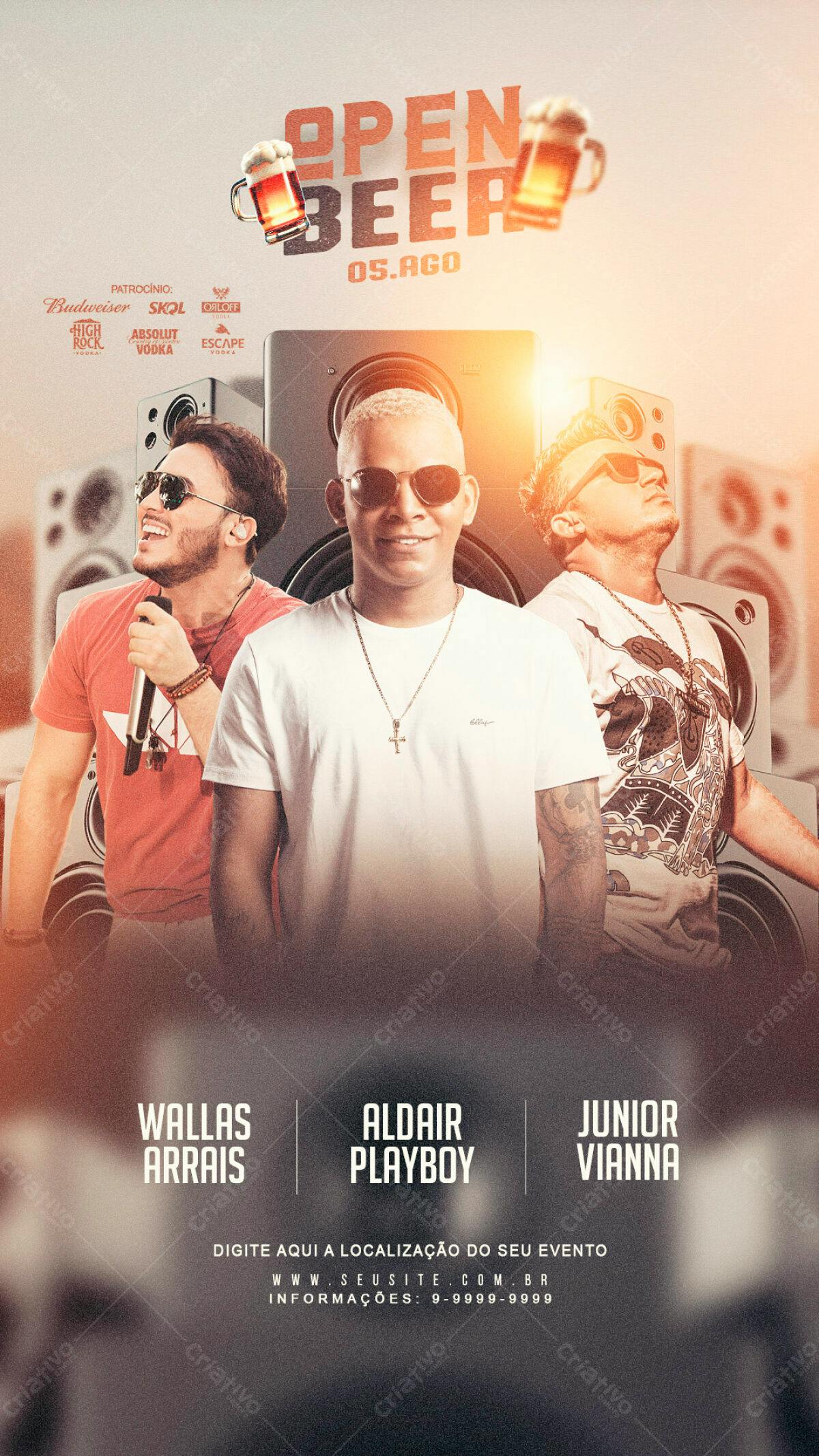Flyer Open Beer com Wallas Arrais, Aldair Playboy e Junior Vianna PSD Editável