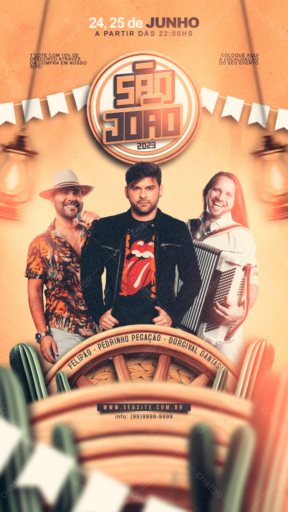 Flyer Festa Junina com Felipeão, Pedrinho Pegação e Dorcival Dantas PSD Editável