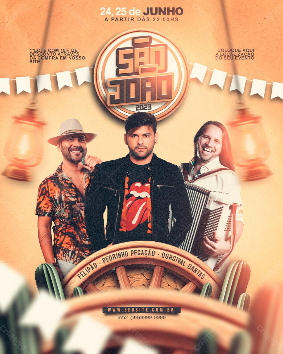 Flyer Festa Junina com Felipão, Pedrinho Pegação e Dorivan Dantas PSD Editável