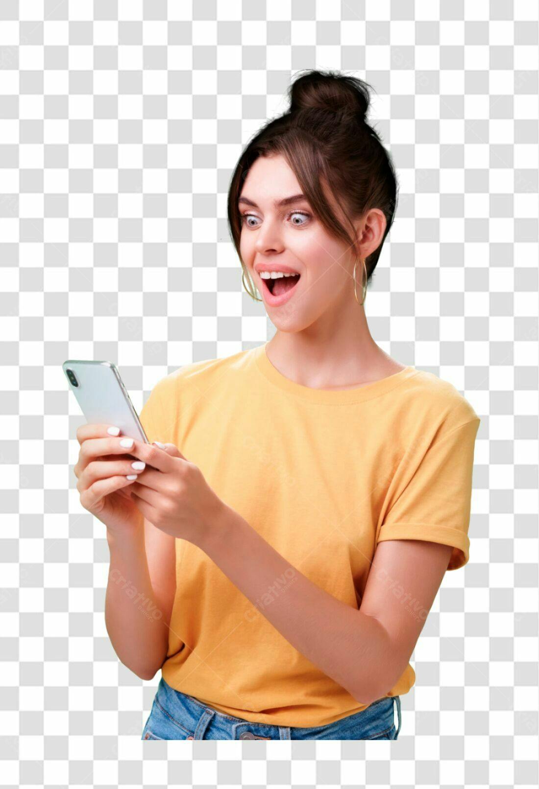 Icone Mulher surpresa usando celular PNG com fundo transparente
