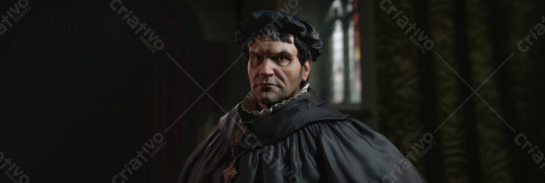 Homem sério em vestimenta medieval escura