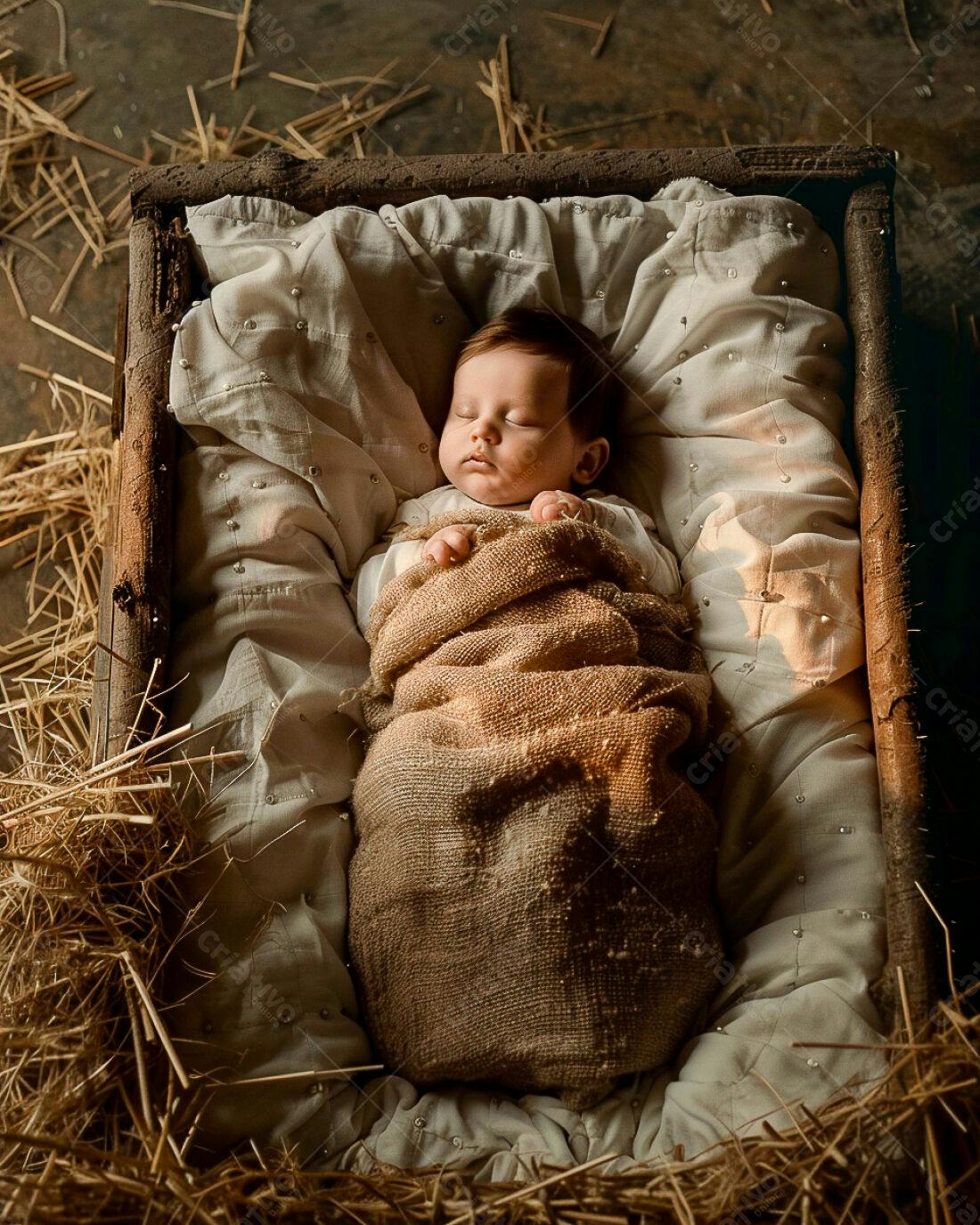 Bebê dormindo em berço de palha