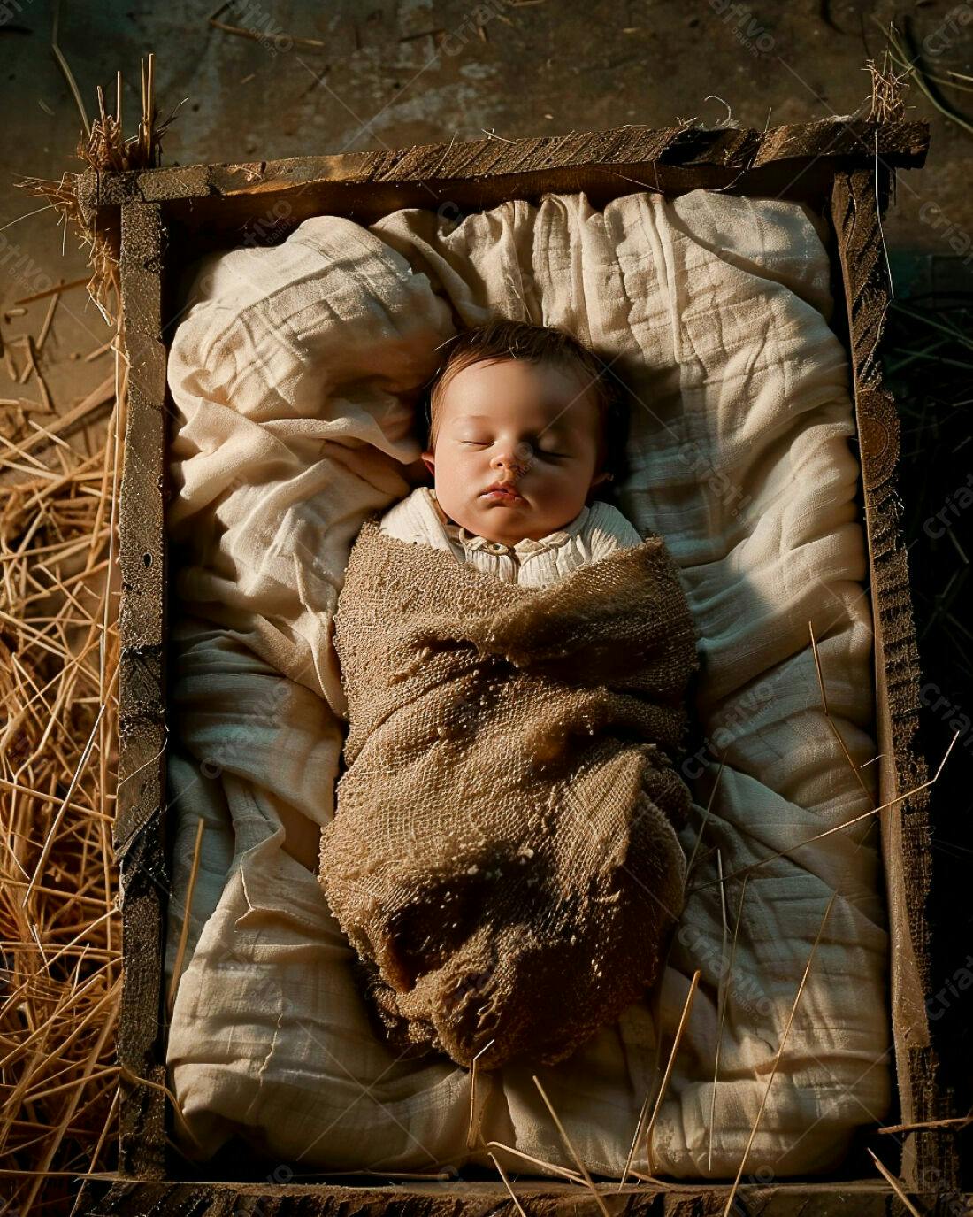 Bebê dormindo em berço rústico de palha