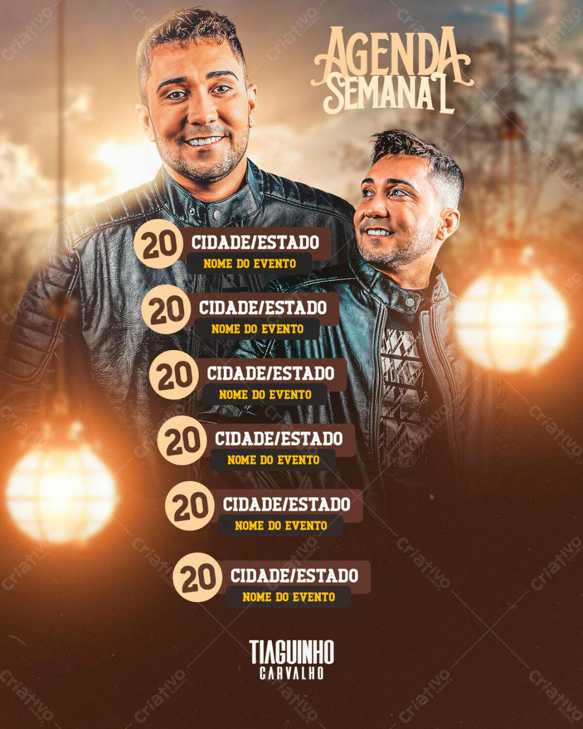 Flyer Agenda Semanal para Shows de Tiaguinho Carvalho PSD Editável