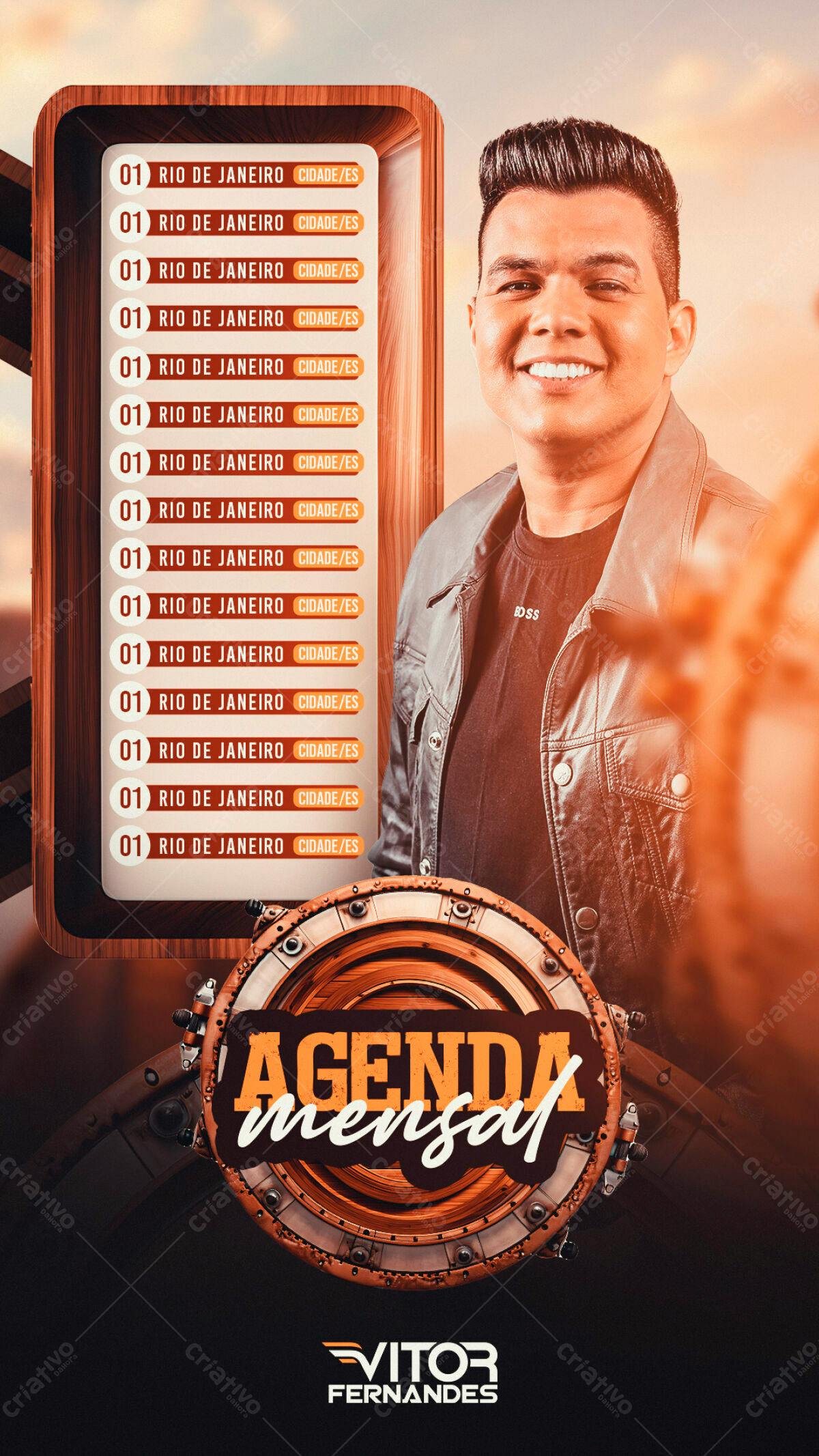 Flyer Mensal para Agenda de Shows Vitor Fernandes PSD Editável