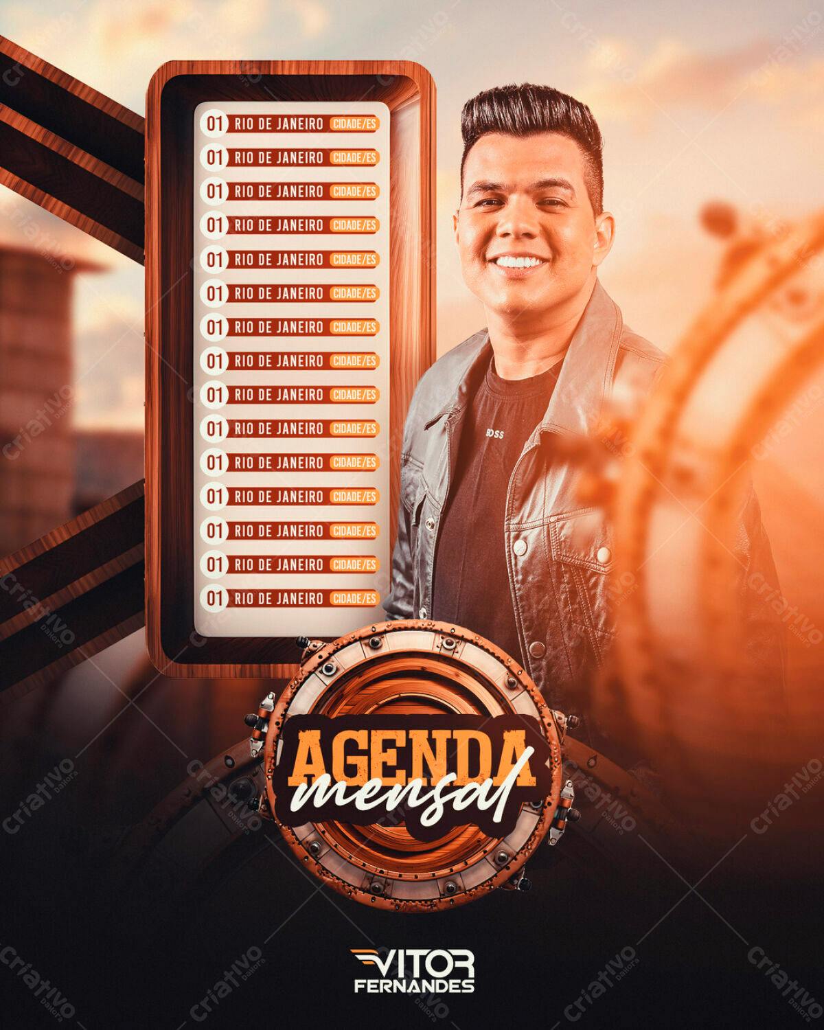 Flyer Agenda Mensal Cantor Vitor Fernandes PSD Editável