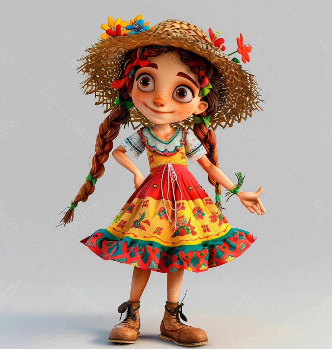 Menina animada em vestido colorido e chapéu de palha