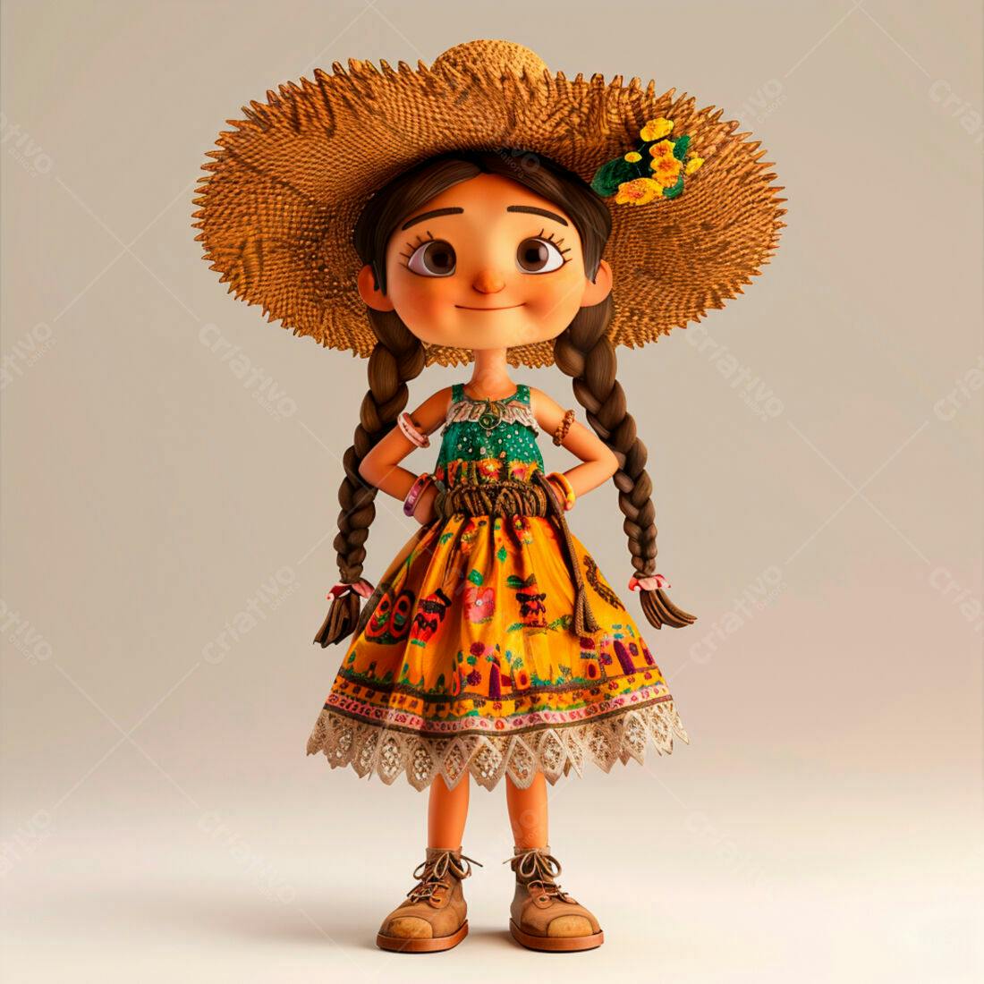 Menina fofa com chapéu de palha e vestido colorido