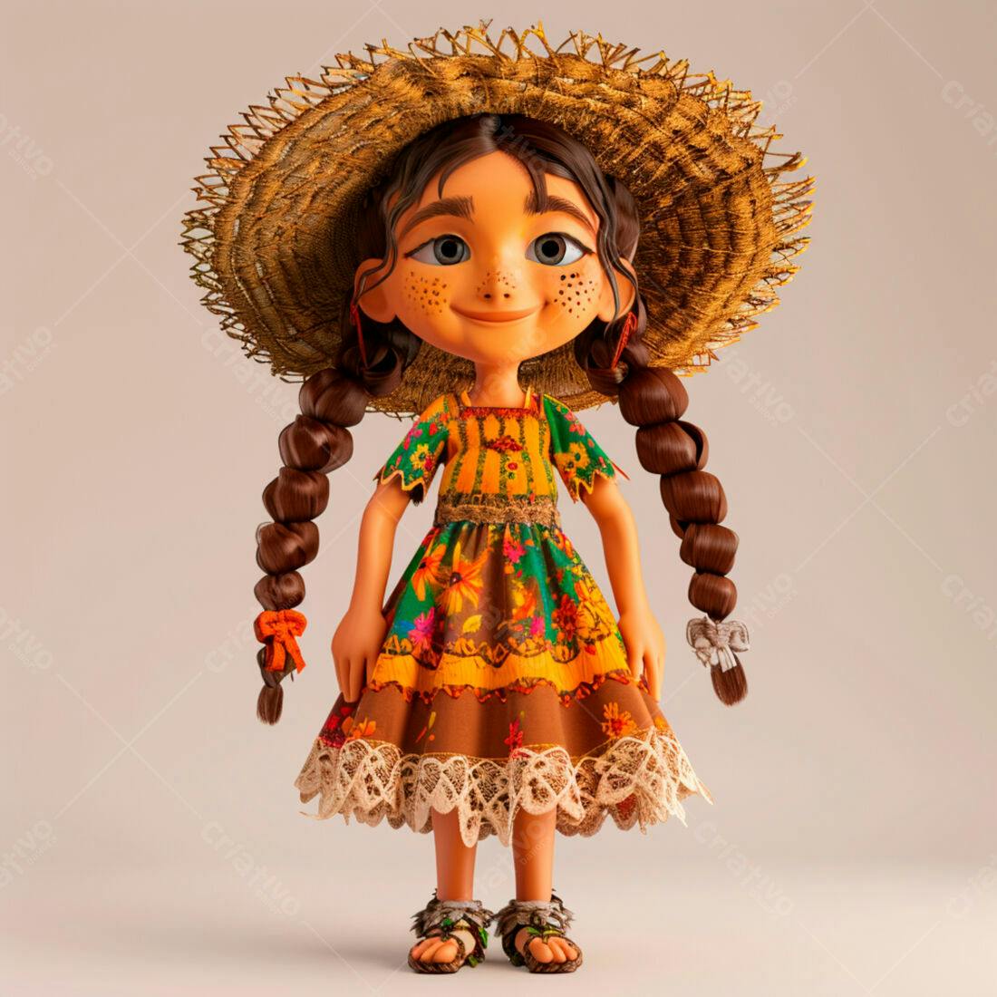 Menina animada em vestido floral e chapéu de palha