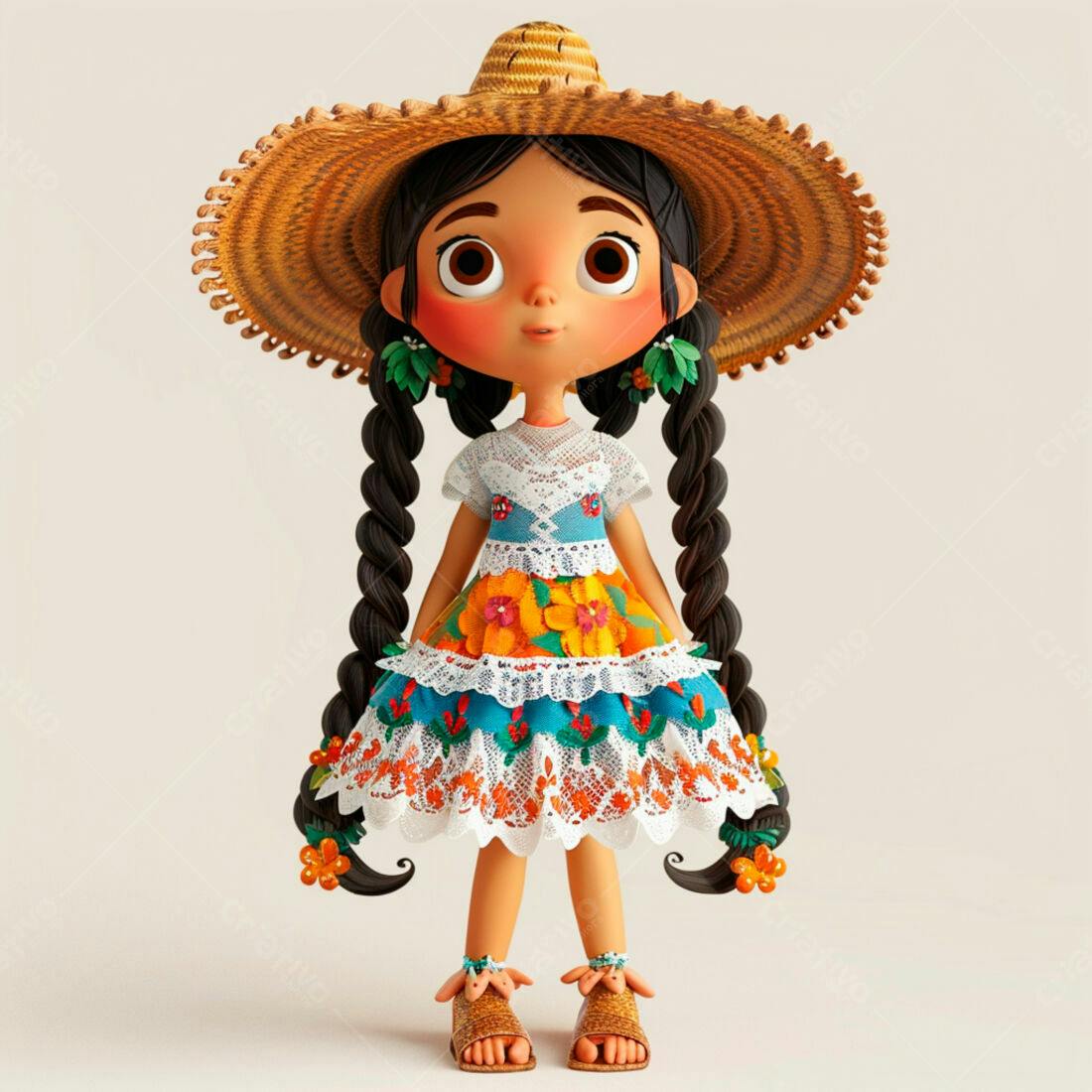Menina mexicana com chapéu de palha e vestido floral