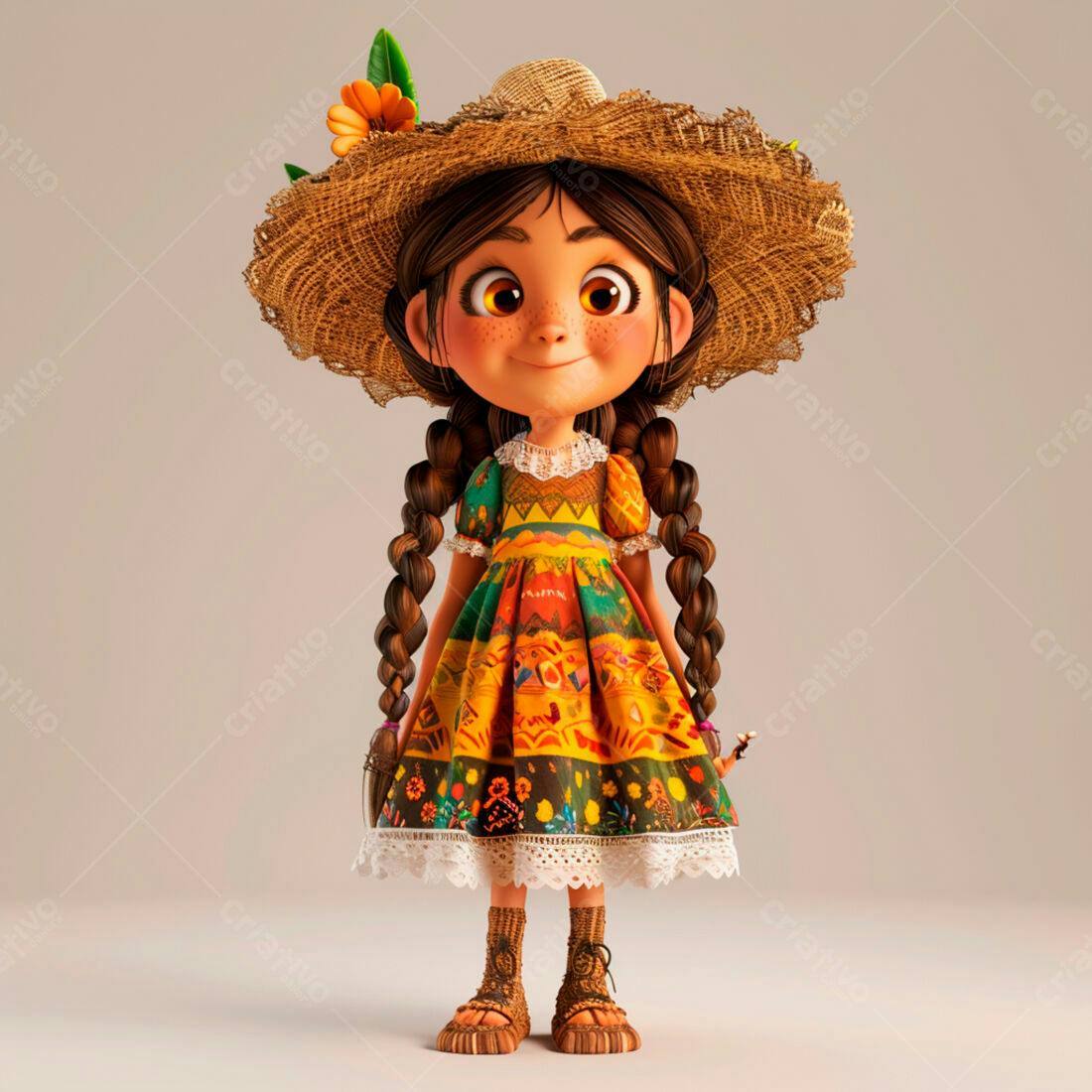 Menina alegre em vestido colorido e chapéu de palha