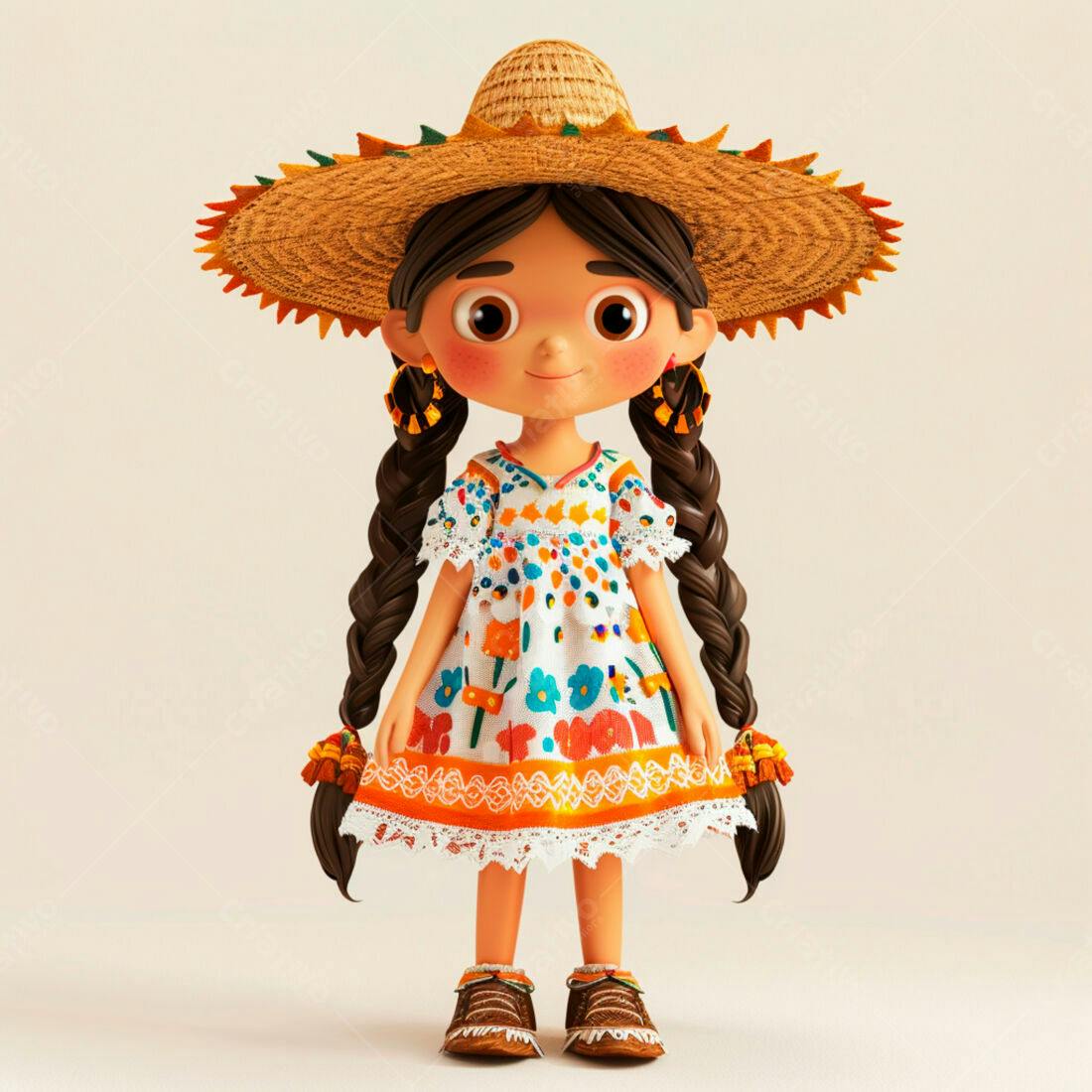 Menina mexicana em vestido floral e chapéu de palha