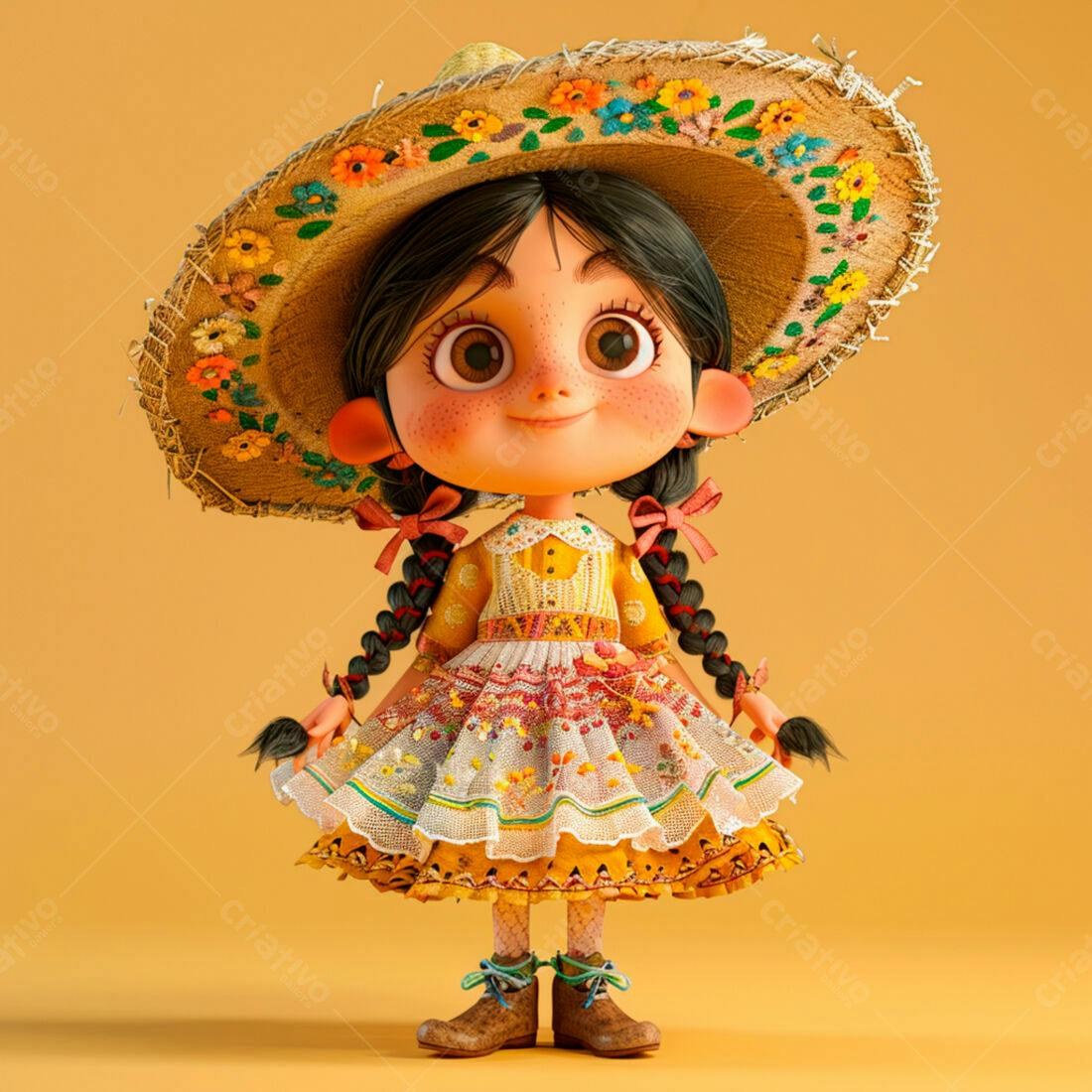 Menina fofa com chapéu mexicano amarelo e vestido colorido