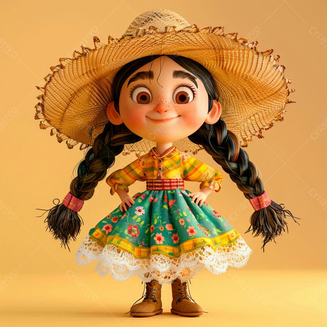 Menina animada usando chapéu de palha e vestido floral