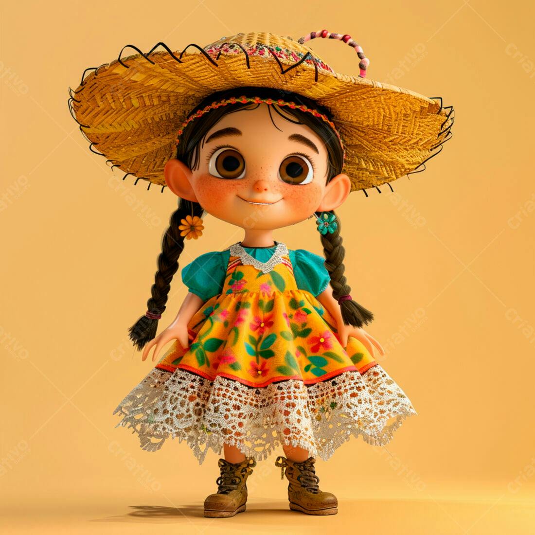Menina sorridente em vestido amarelo e chapéu de palha