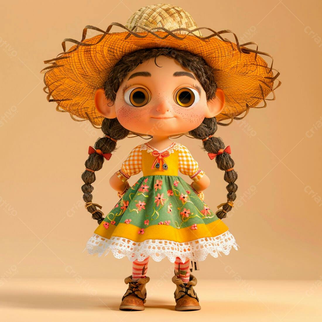 Menina fofa em vestido amarelo e chapéu de palha