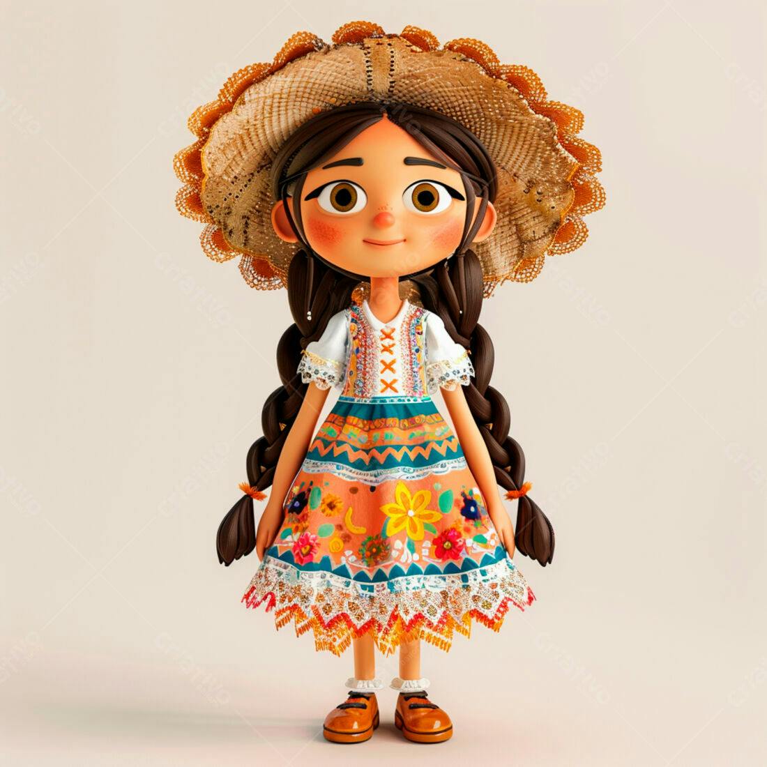 Menina em vestido mexicano com chapéu de palha