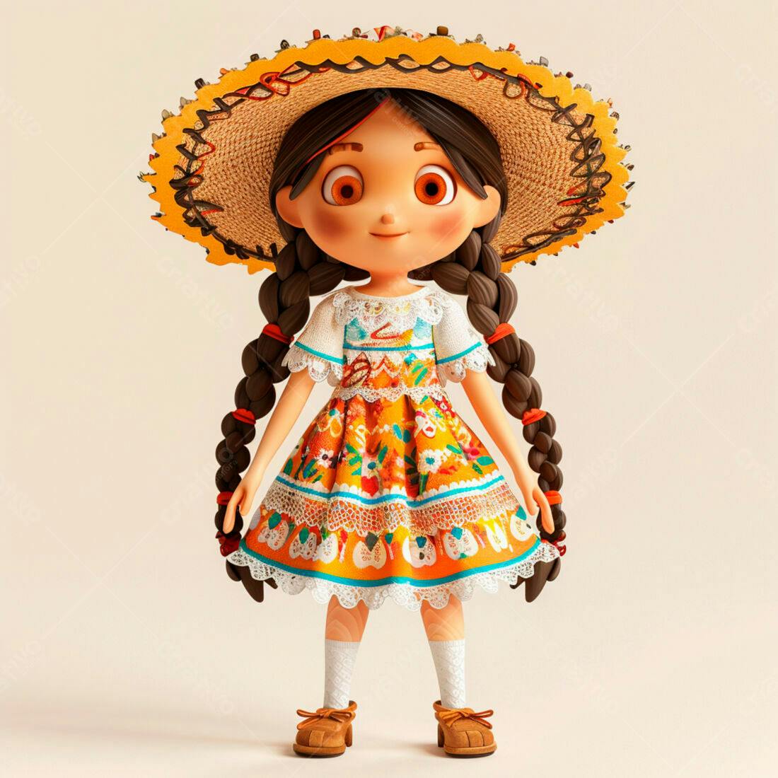 Menina em vestido mexicano com chapéu de palha
