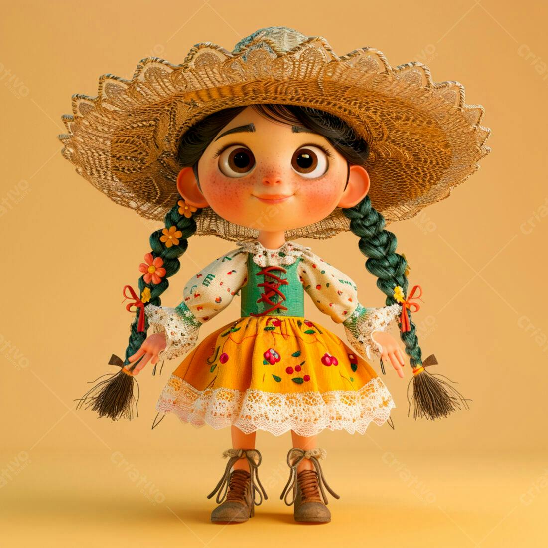 Menina fofa com chapéu de palha e vestido amarelo