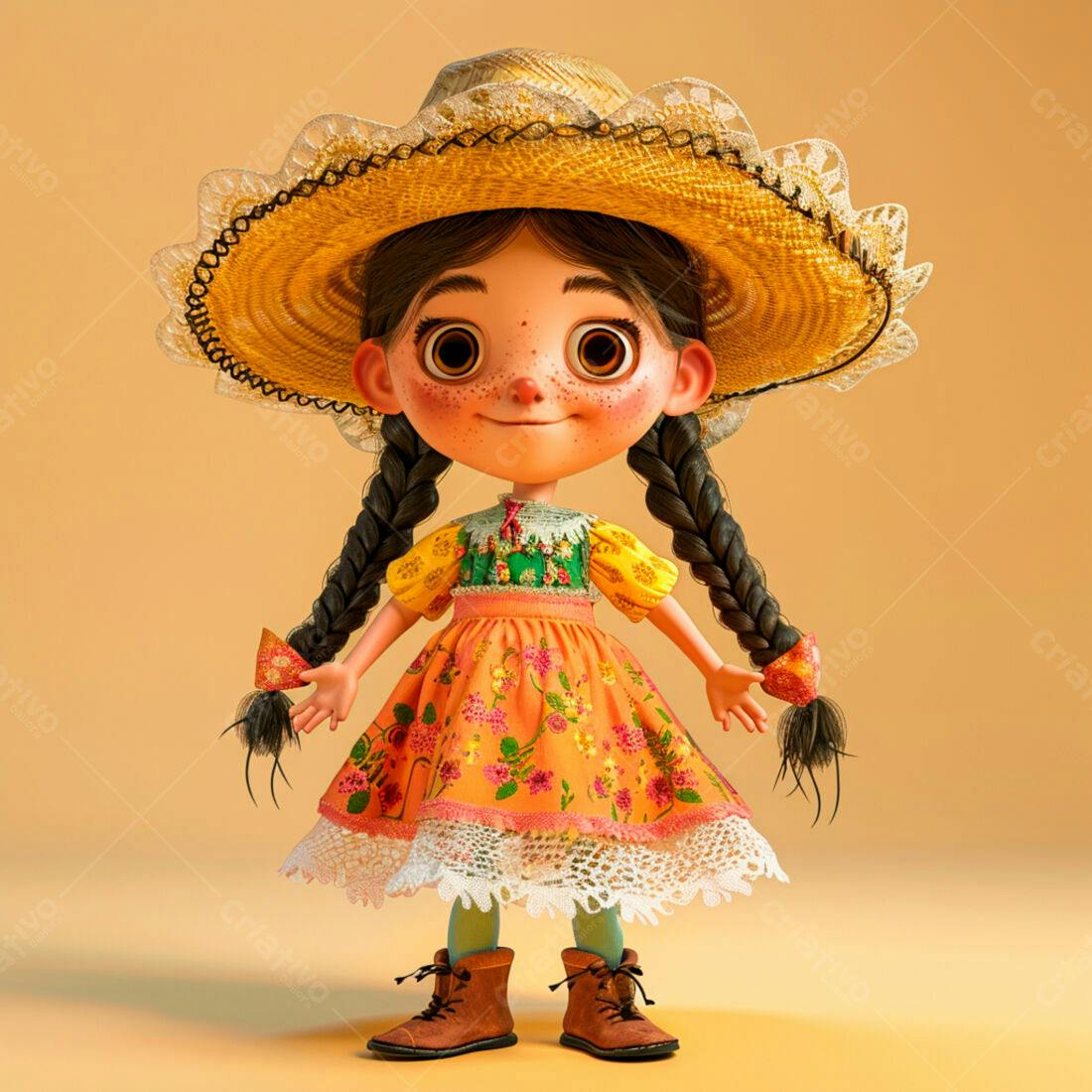 Menina em vestido floral com chapéu de palha