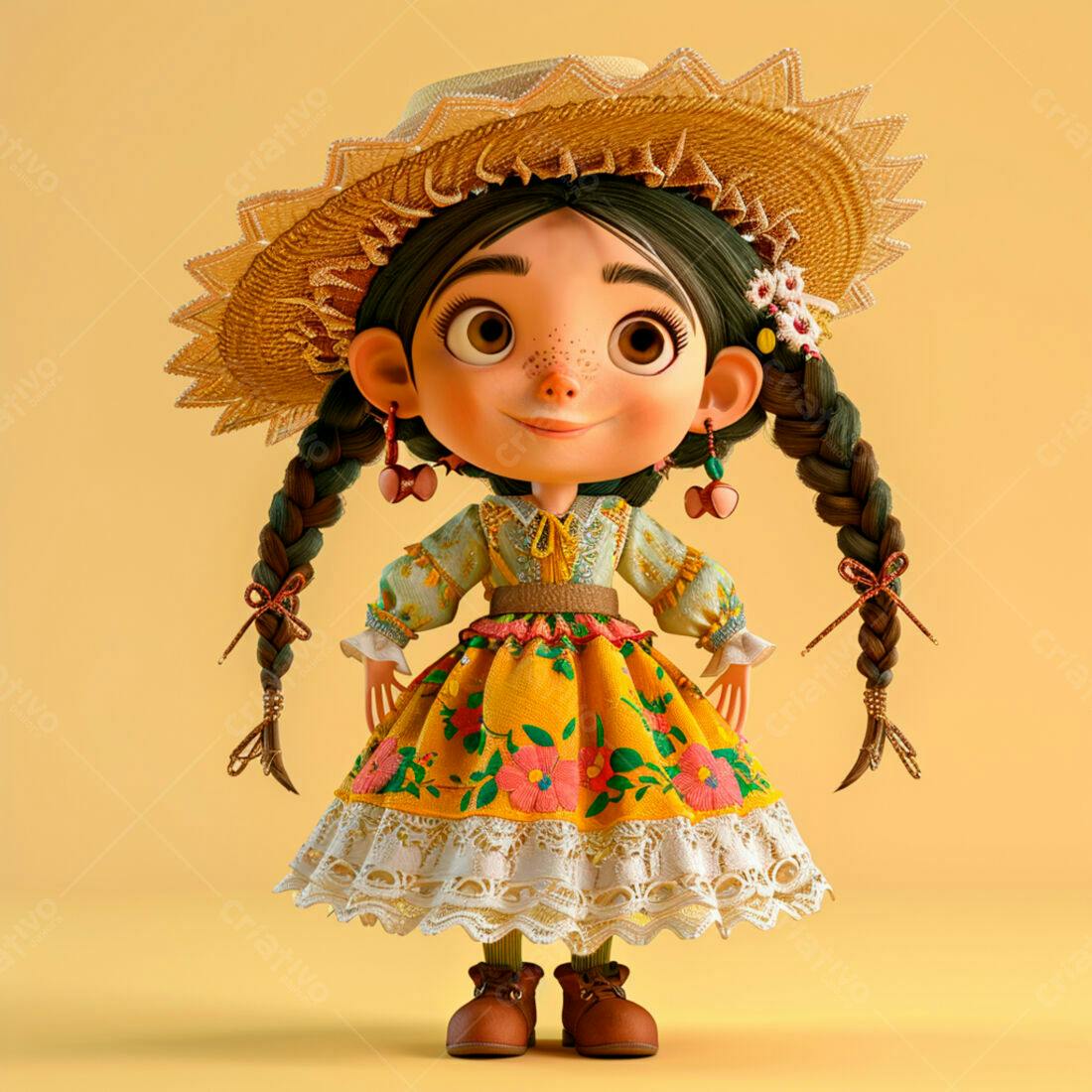 Menina animada em vestido amarelo e chapéu de palha