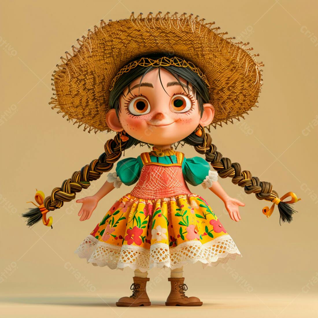 Menina animada em vestido floral festa junina