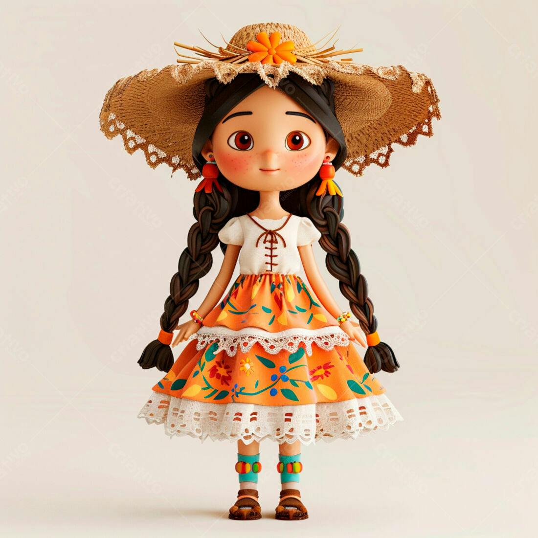 Menina fofa com vestido laranja e chapéu de palha