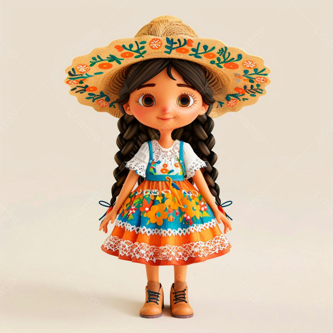Menina fofa em vestido floral e chapéu de palha