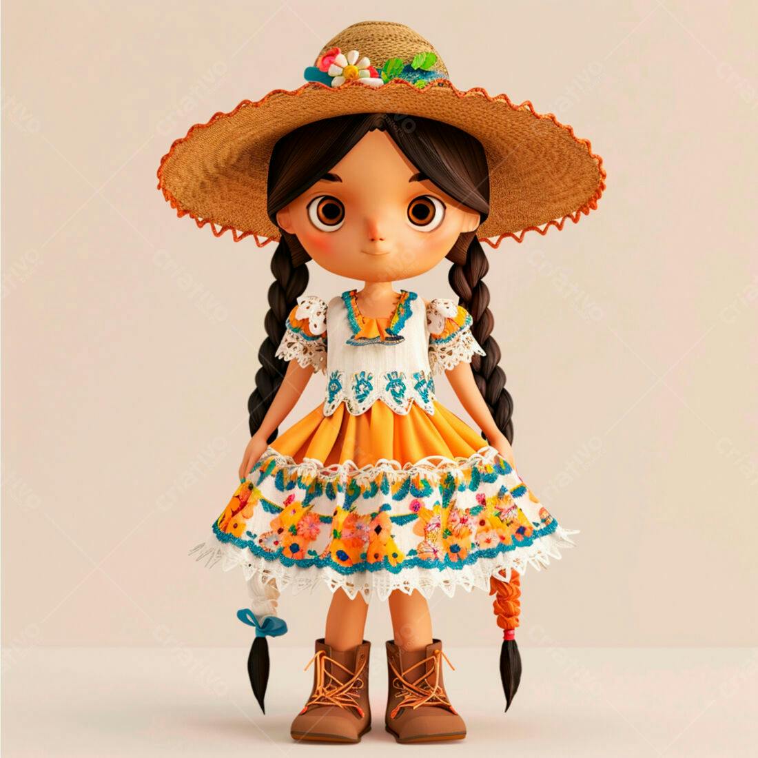 Menina fofa em vestido mexicano laranja
