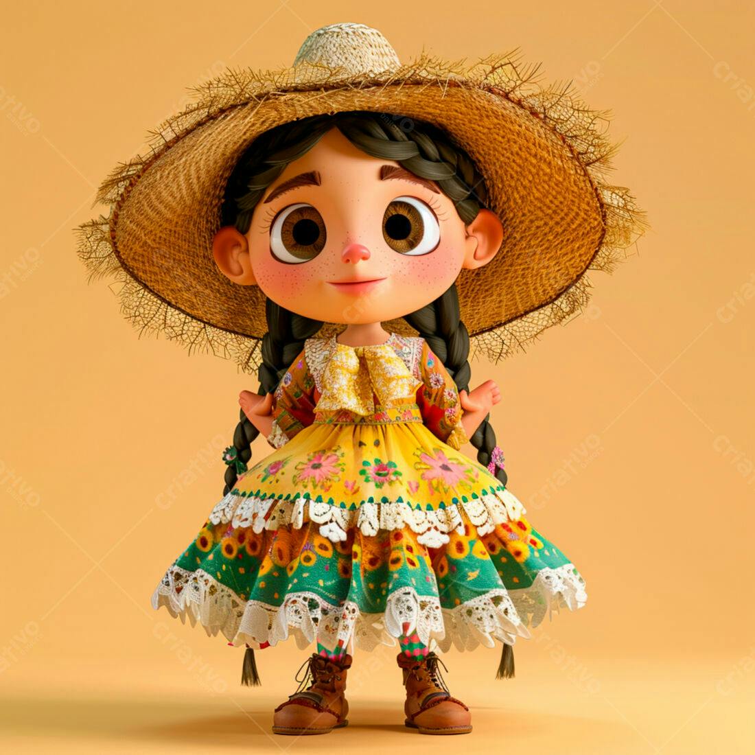 Menina fofa em vestido amarelo e chapéu de palha