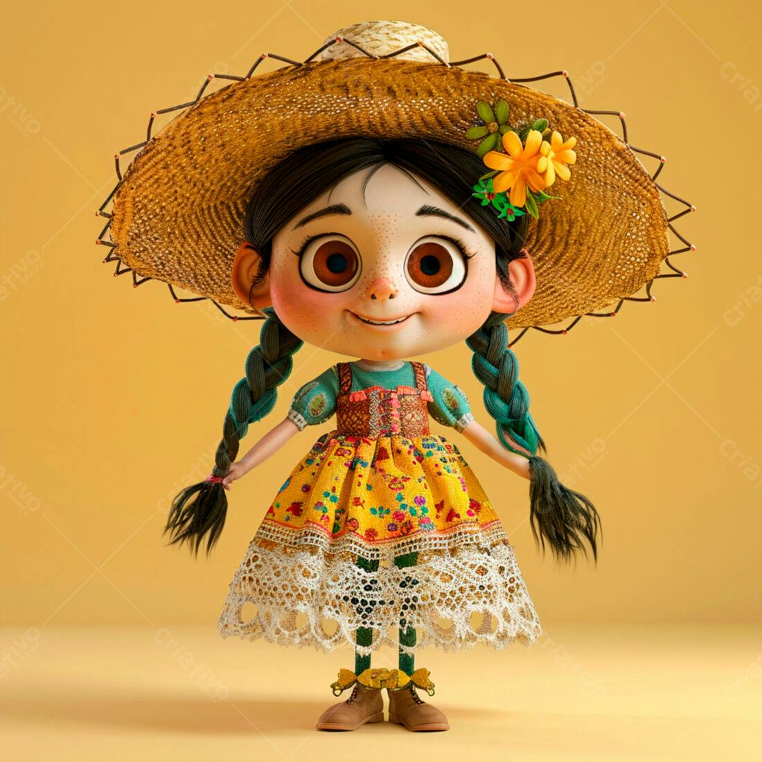 Menina fofa com chapéu de palha e vestido amarelo